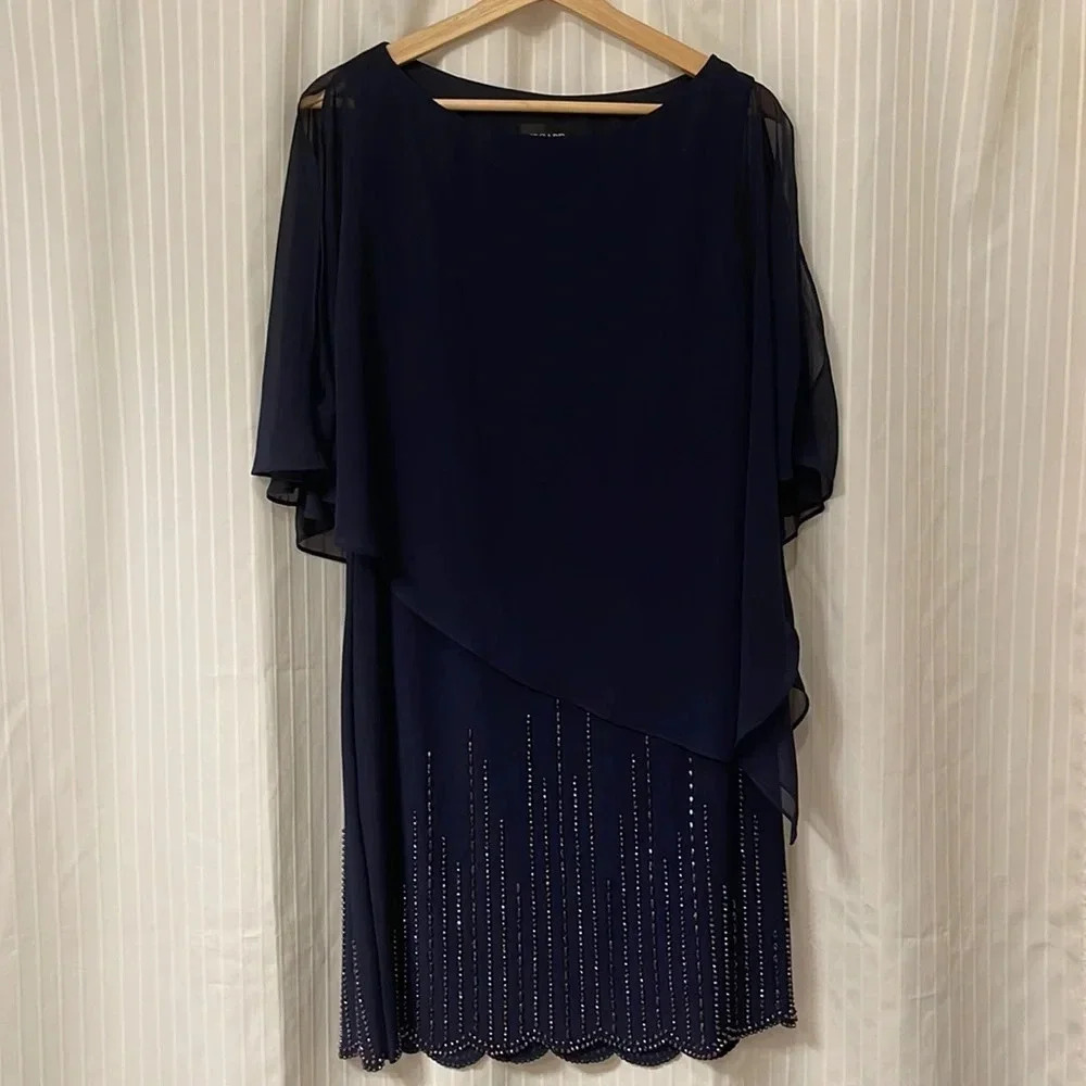 Xscape - Knee Length Formal Dress With Beading - Size 12 - Navy Blue - EUC!!